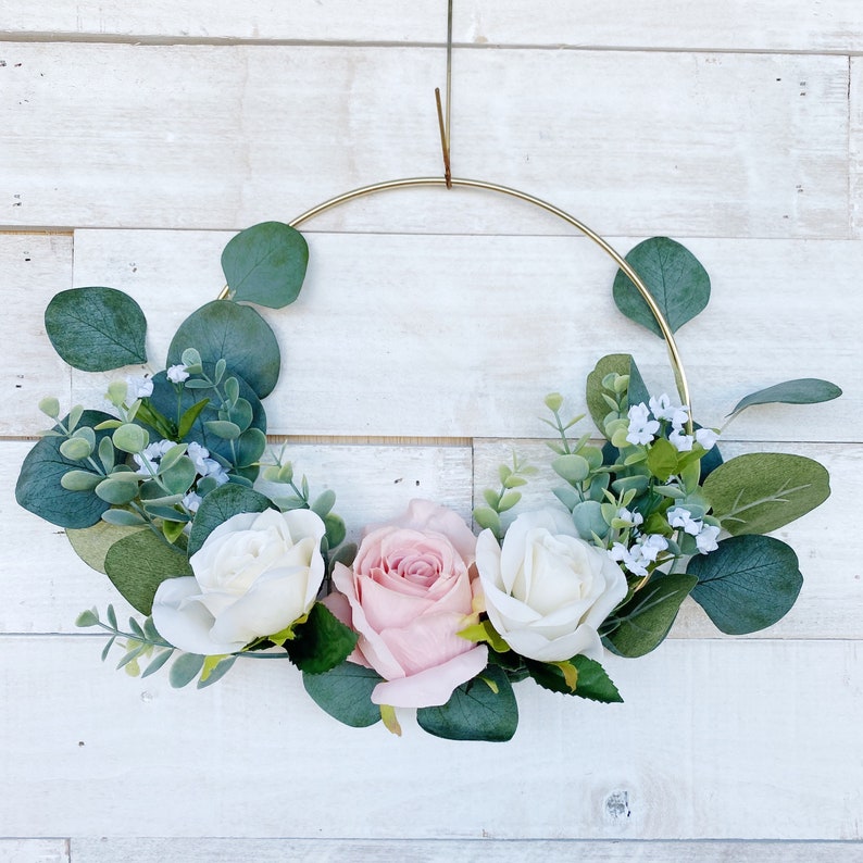 flower girl basket, bridesmaid hoop bouquet, wreath bouquet, light dusty rose bouquet, light cream rose image 4