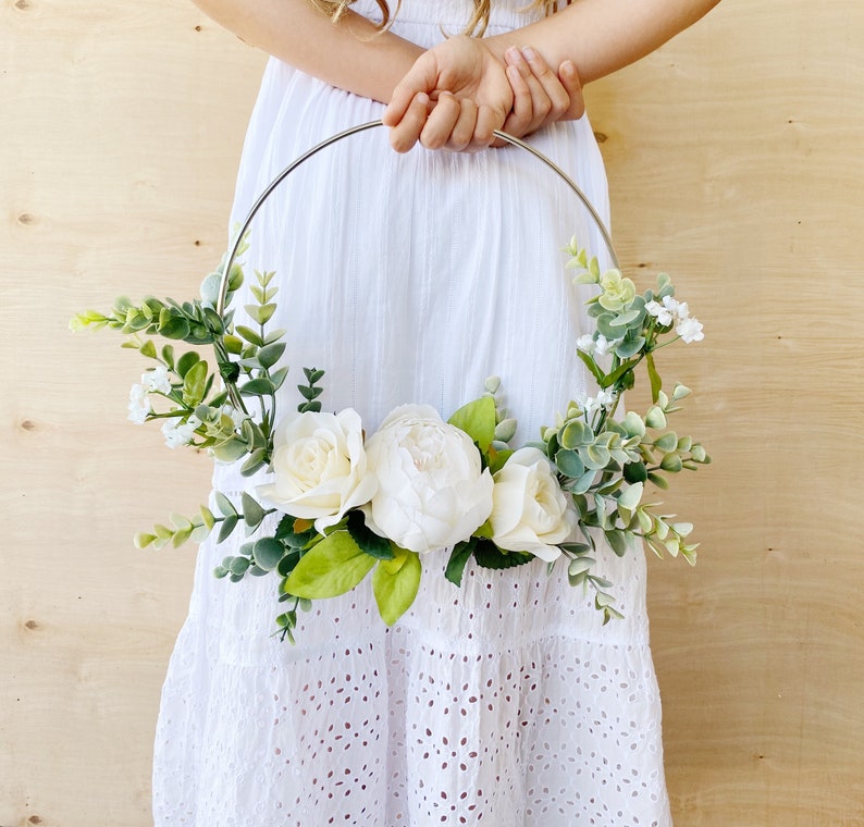 Bridesmaid hoop Bouquet, flower girl basket, wreath bouquet ivory peony image 2
