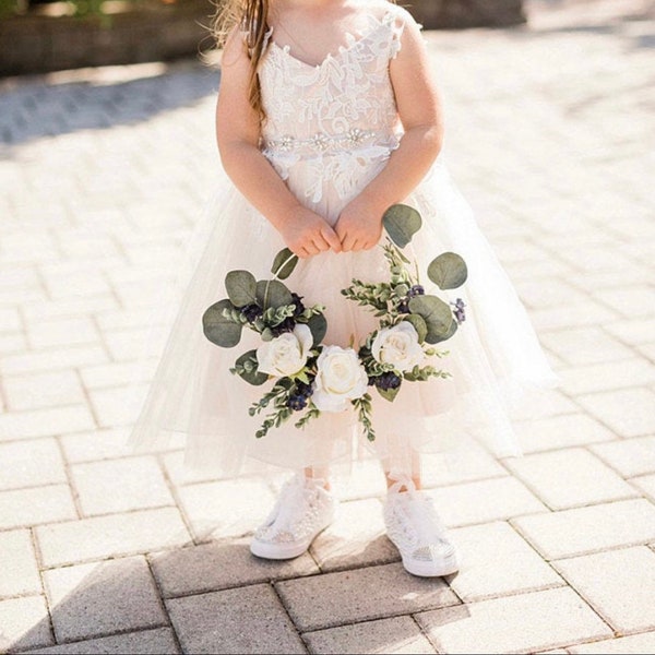 flower girl basket, bridesmaid hoop bouquet, wreath bouquet, light dusty rose bouquet, light cream rose