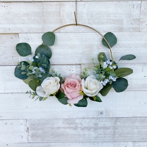 flower girl basket, bridesmaid hoop bouquet, wreath bouquet, light dusty rose bouquet, light cream rose image 2