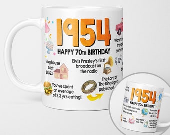 70th Birthday Gift Idea | 1954 Year of Birth Facts Milestone Keepsake Birthday Gift Him | 2024 Birthday Mug For Her | Gift Ideas Him