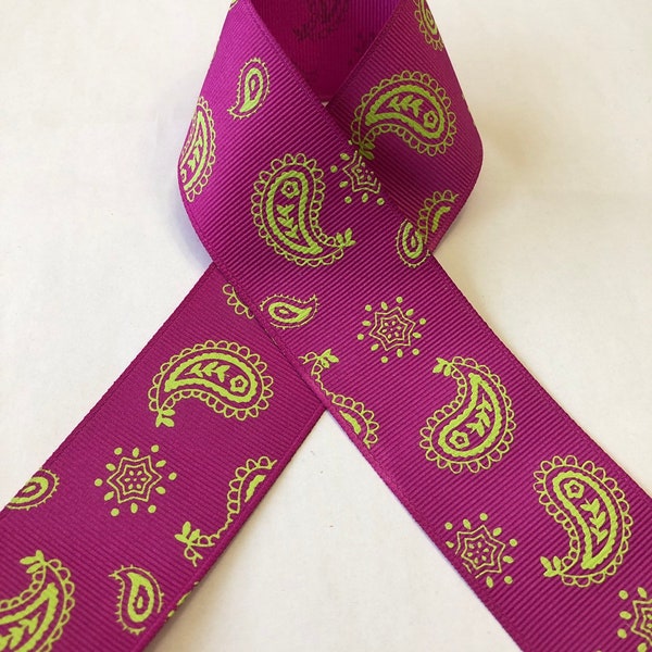 Fuchsia Pink with Lime Green Paisley Grosgrain Ribbon 1.5" wide Cut by the Yard