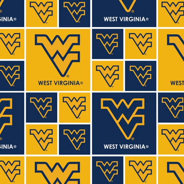 University of West Virginia Mountaineers NCAA Fabric Box Logo Pattern 44 inches wide 100% cotton  WV020