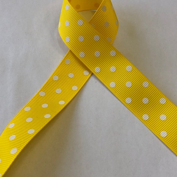 Yellow and White Polka Dot Grosgrain Ribbon - 7/8" wide spirit ribbon hair bows decor crafting wreaths and more