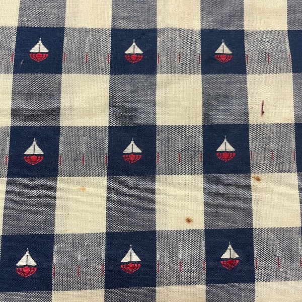 Mission Valley Textiles Plaid Navy Red Sailboat Embroidered Plaid Fabric 58” wide 100% Cotton