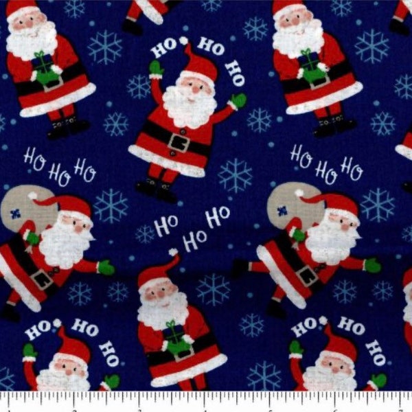 Santa and Snow Flakes on Blue Fabric Cut By the Yard 100% Cotton 45" wide