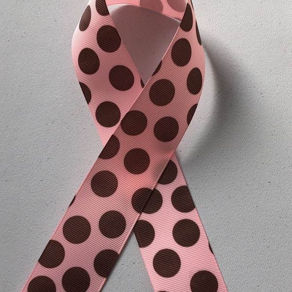 1.5" Wide Pink with Brown Polka Dot Grosgrain Ribbon Cut by the Yard