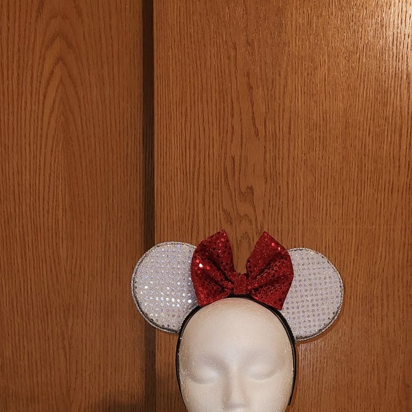Silver Sequin Minnie Ears – Red Bow, Handmade Headband