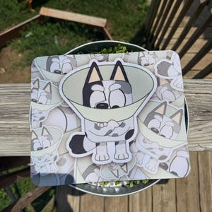 Può includere: Un tappetino per mouse rettangolare con un motivo ripetuto di un cane Blue Heeler dei cartoni animati che indossa un collare a cono in plastica verde chiaro. L'immagine centrale mostra lo stesso personaggio in una versione più grande e dettagliata.