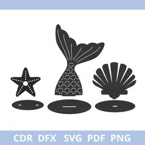 Puede incluir: Ilustraciones en blanco y negro de una estrella de mar, una cola de sirena y una concha. Cada diseño tiene una base con una línea horizontal. La parte inferior de la imagen tiene el texto "CDR DFX SVG PDF PNG".