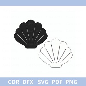 Pode incluir: Dois desenhos de conchas, um preto e outro branco, são exibidos em um fundo branco. A concha preta é sólida, enquanto a branca é um contorno. A imagem inclui o texto "CDR DFX SVG PDF PNG" na parte inferior.