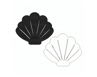 May include: Two seashell designs, one black and one white, are displayed on a white background. The black seashell is solid, while the white one is an outline. The image includes the text "CDR DFX SVG PDF PNG" at the bottom.