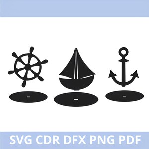 Pliki wycinane laserowo do żeglarzy - kotwica, ster i łódź SVG - Glowforge Cricut Instant Download - marynistyczny wektor do sylwetki na papierze akrylowym MDF