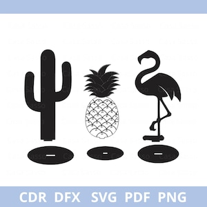 Può includere: Disegni di silhouette nere di un cactus, un ananas e un fenicottero. Ogni disegno è su una piccola base ovale. L'immagine include il testo "CDR DFX SVG PDF PNG" in basso.
