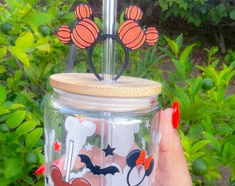 Disney Halloween Glass Can, Mickey Pumpkin, 16 oz Glass Cup