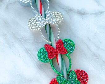 Blinged Disney Minnie Ears Straw Topper, Christmas Straw Charm