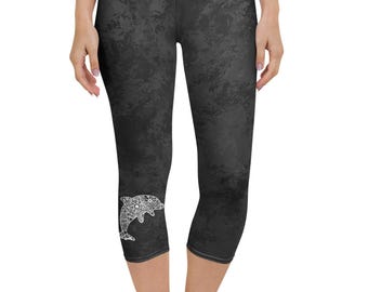Dolphin Mandala Black Capri Recycled Yoga Pants Leggings, Meditation