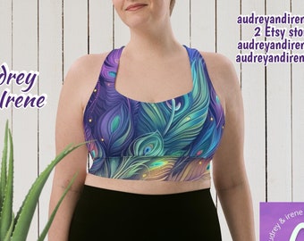 Peacock Feathers | Long Line Sports Bra | Supportive Active Wear for Yoga & Fitness