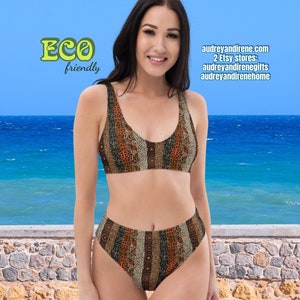 Bikini taille haute recyclé à rayures ethniques