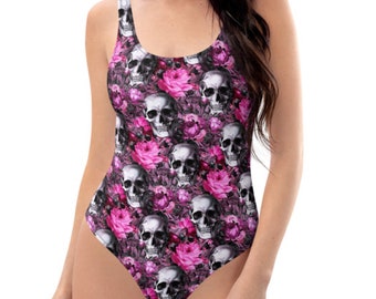 Pretty Skulls Pink Flowers Gothic One-Piece Swimsuit