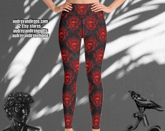 Red Gothic Skull Vintage Black Yoga Workout Pants Leggings