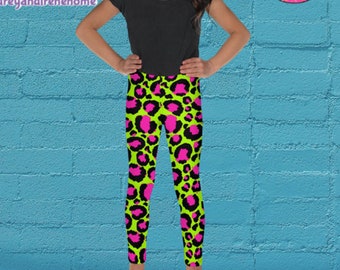 Leopard Print Neon Pink & Green Kid's Leggings