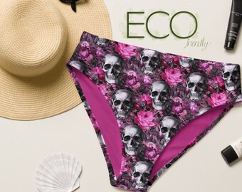 Pretty Skulls Pink Flowers Gothic Recycled high-waisted bikini bottom