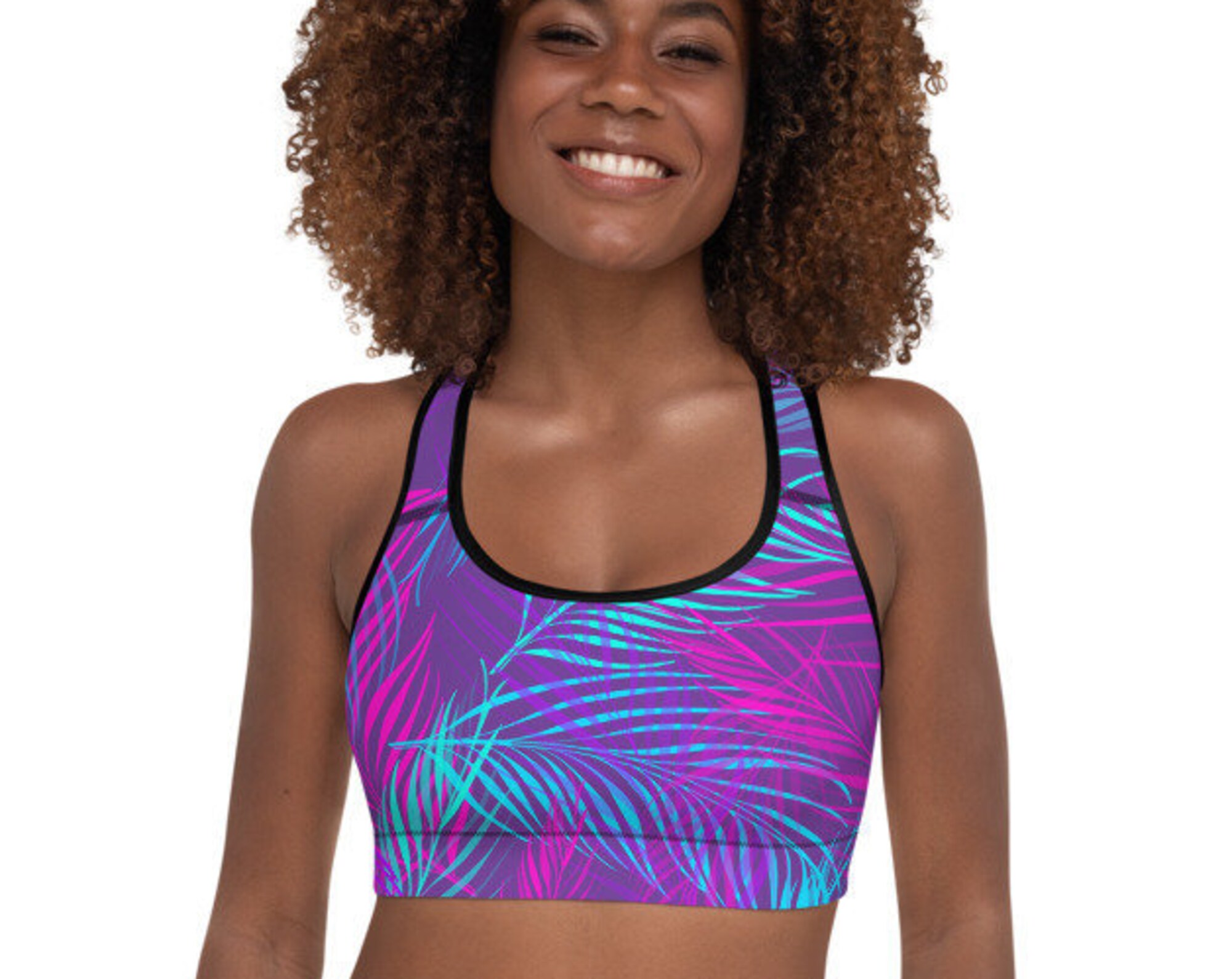 Neon Tropical Leaves Padded Sports Bra
