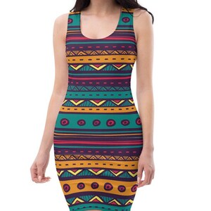 Ethnic Print Geometric Bodycon Fitted Party Dress