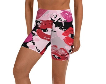Kisses Lipstick Print Abstract Yoga Shorts