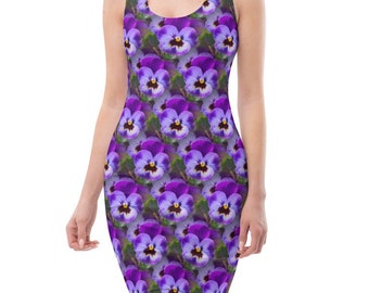 Purple Pansies Floral Bodycon Fitted Party Dress