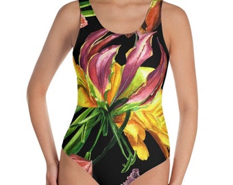 Black Tropical Floral One-Piece Swimsuit