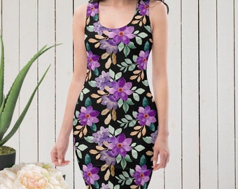 Purple Floral Bodycon Fitted Party Dress