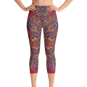 Red Boho Style Geometric Capri Yoga Pants Leggings Meditation
