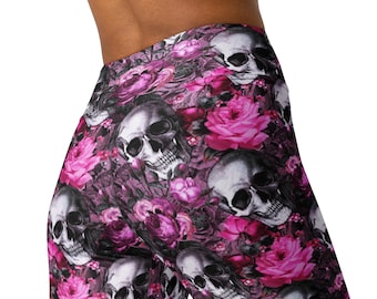 Pretty Skulls Pink Flowers Gothic Recycled Yoga Workout Pants Leggings: Meditation