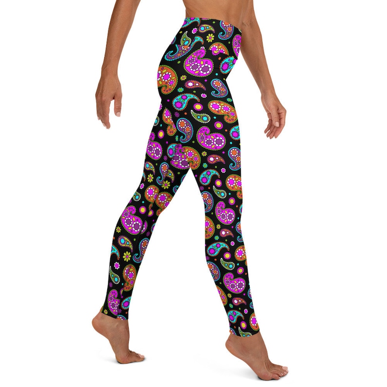 Retro Neon Paisley Black Yoga Pants Leggings Etsy
