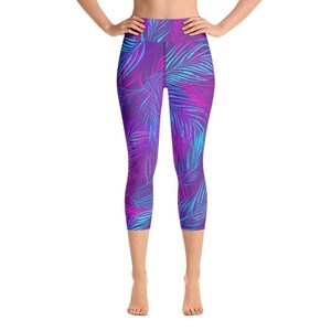Neon Tropical Leaves Capri Yoga Pants Leggings Meditation