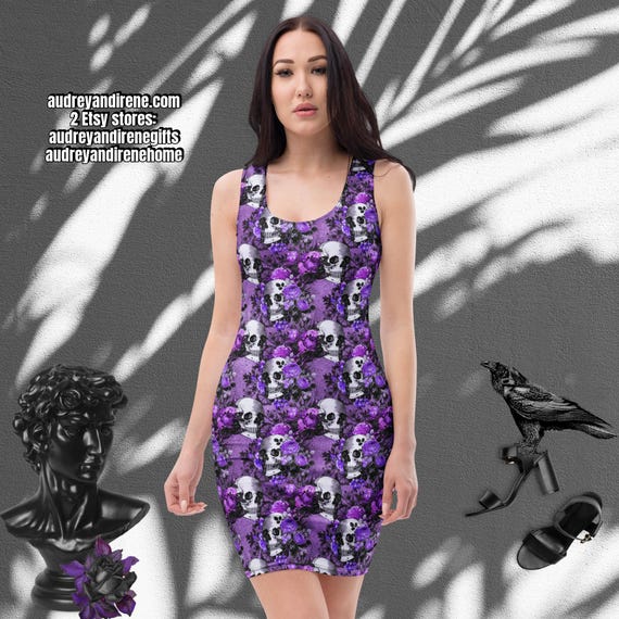 skull cocktail dress Women's Silk Skull Print Evening Dress in Black/White