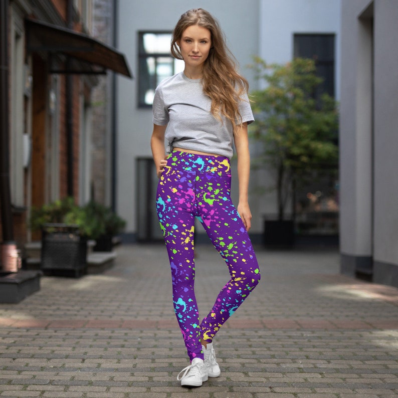 Purple Retro Neon Color Paint Splatter Yoga Pants Leggings Etsy