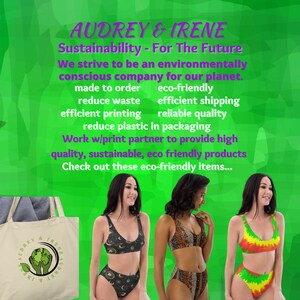 May include: Three women model different styles of swimwear. The swimwear is printed with various patterns, including a celestial design, an animal print, and a tie-dye pattern. The text on the image reads "Audrey & Irene" and "Sustainability - For The Future".