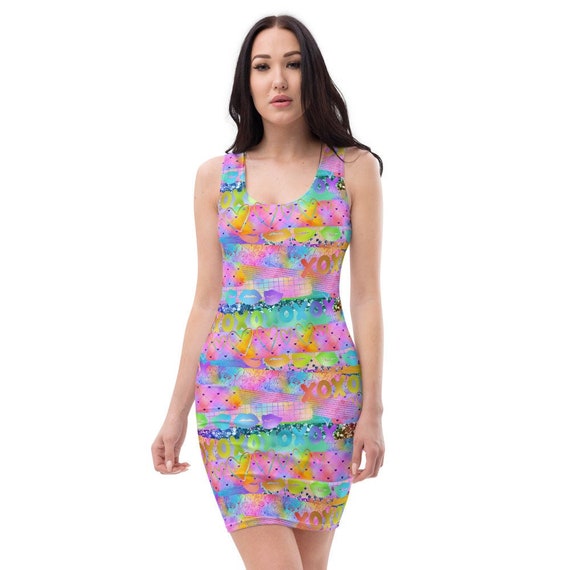 XOXO Rainbow Striped Recycled Bodycon Fitted Party Dress