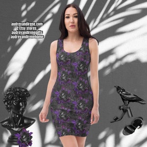 Goth Black Rose Purple Leaf Gothic Bodycon Fitted Party Dres