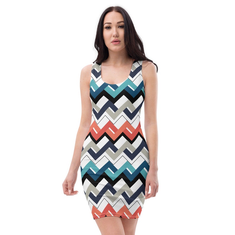 Mod Teal Orange Navy Geometric Bodycon Fitted Party Dress
