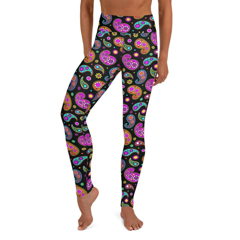 Retro Neon Paisley Black Yoga Pants Leggings Etsy