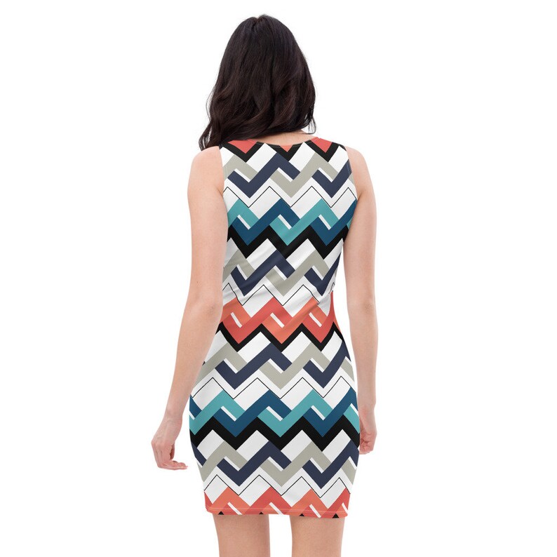 Mod Teal Orange Navy Geometric Bodycon Fitted Party Dress