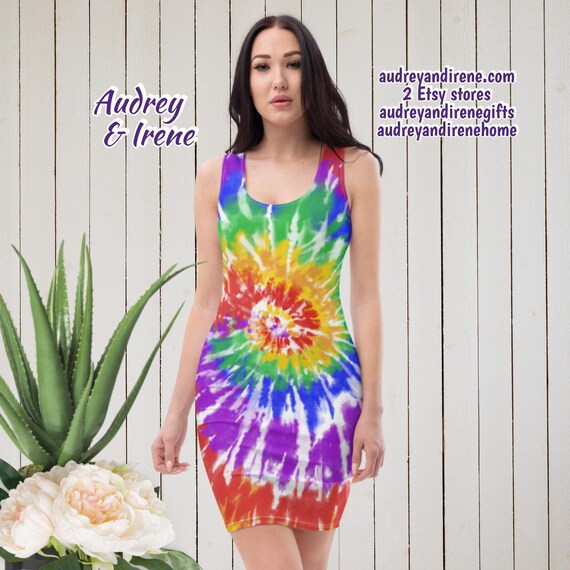 rainbow tie dye bodycon dress Retro Rainbow Tie Dye Boho Recycled Bodycon Fitted Party Dress