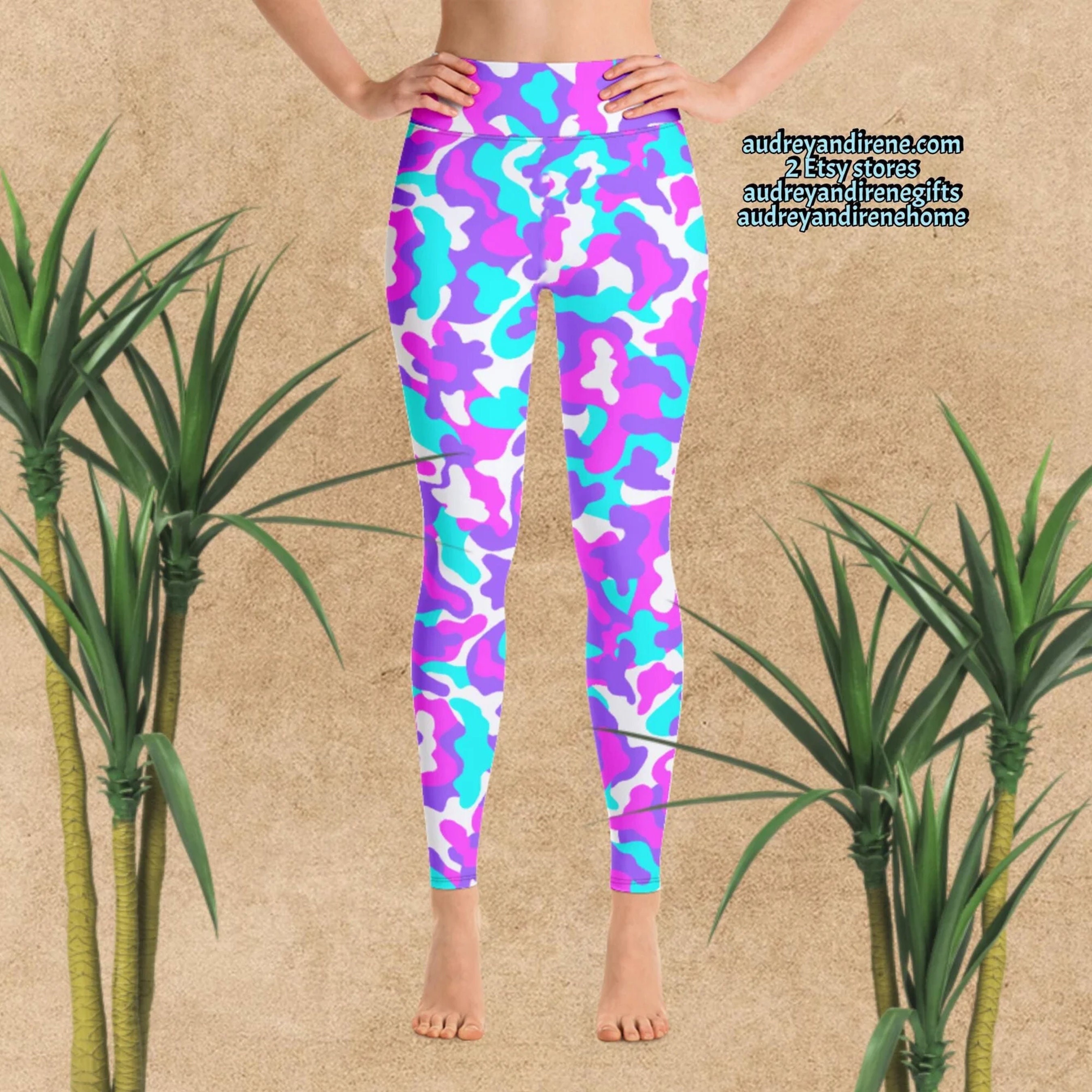Camo Neon Pink Blue Camouflage Yoga Workout Pants Leggings