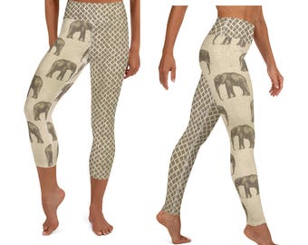 Elephants Wildlife Print Yoga Pants Capri Leggings