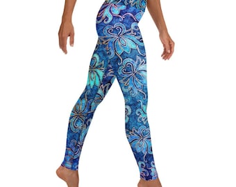 Lotus Flower Blue Grunge Recycled Yoga Pants Workout Leggings: Meditation