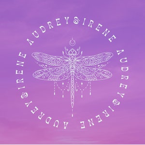 May include: A white outline of a dragonfly with intricate details on a purple background. The dragonfly is surrounded by a circle with the text "Audrey & Irene Audrey & Irene" repeated around the circle.